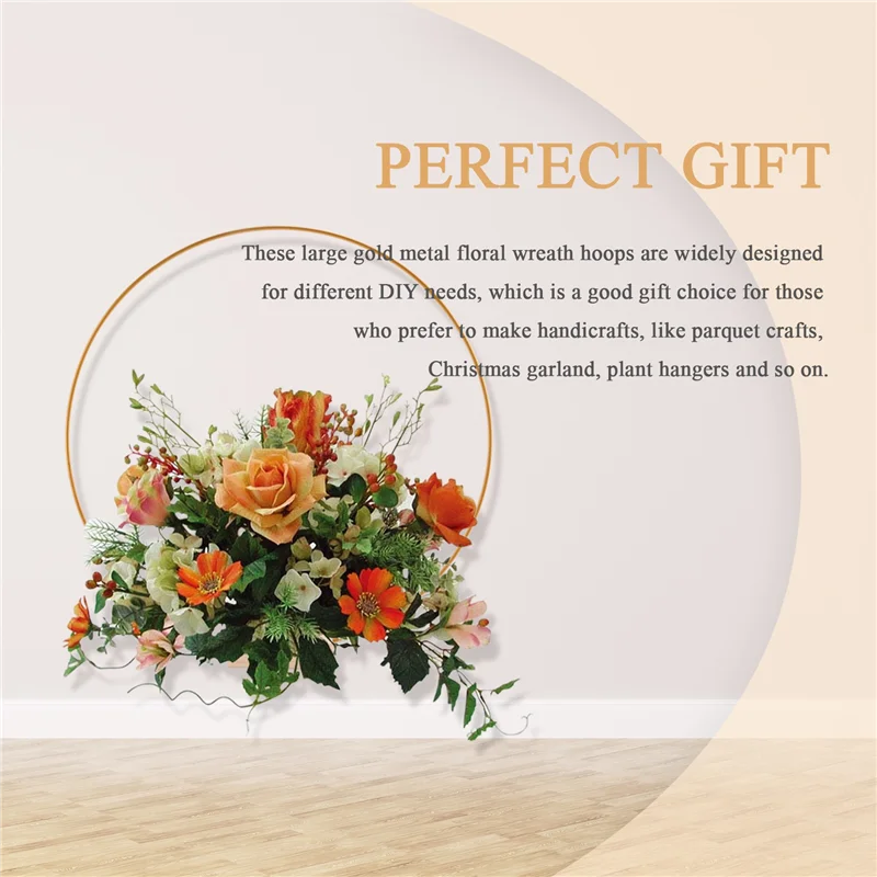 AD23-6 PCS 12 Inch Floral Hoops Centerpiece For Table, Gold Wreath Ring With 6 PCS Wood Holder Stands, Hoop Rings