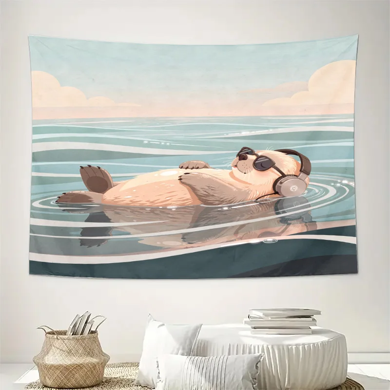 Whimsical Sea Otter Ocean Tapestry Wall Hanging Coastal Animal Decor Tropical Beach Bathroom Nursery Art Canvas Print Home Accen