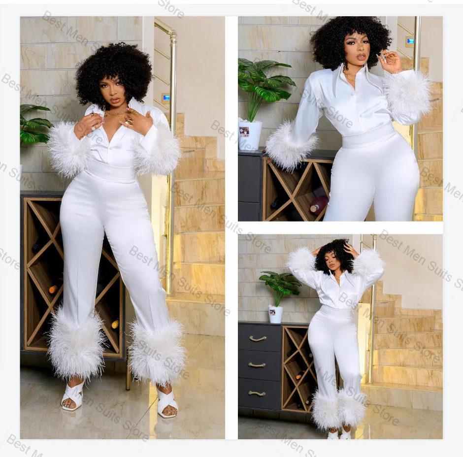 

White Feather Women Suit Pants Set 2 Pcs Shirt Trousers Formal Office Business Customized Wedding Tuxedos Party Prom Dress Coat