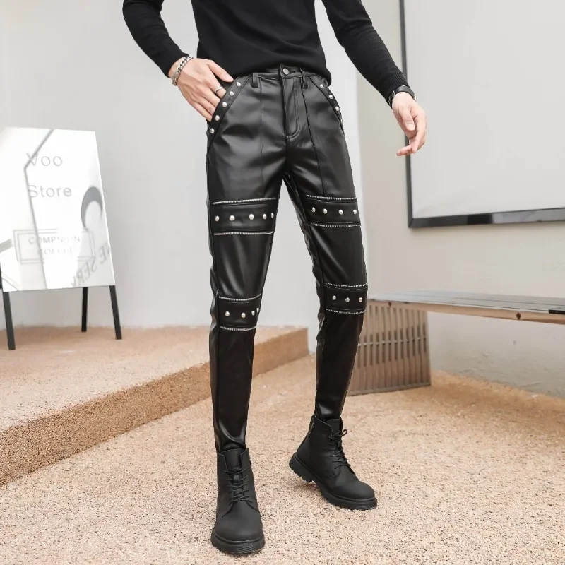 2025 New Arrived Skinny Biker Leather Pants Mens New Faux Leather Biker Trousers for Male Trouser Stage Club Wear