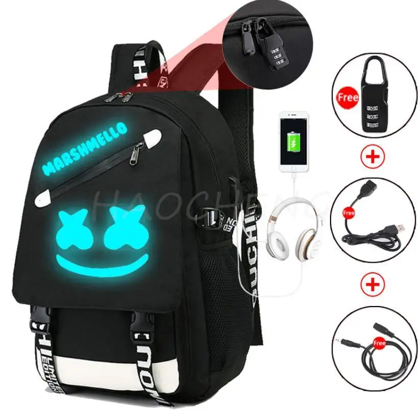 Mochilas DJ Marshmello para adolescentes, bolsas de viaje de lona negras, bolsa para computadora portátil para estudiantes, niños y niñas, Mochila