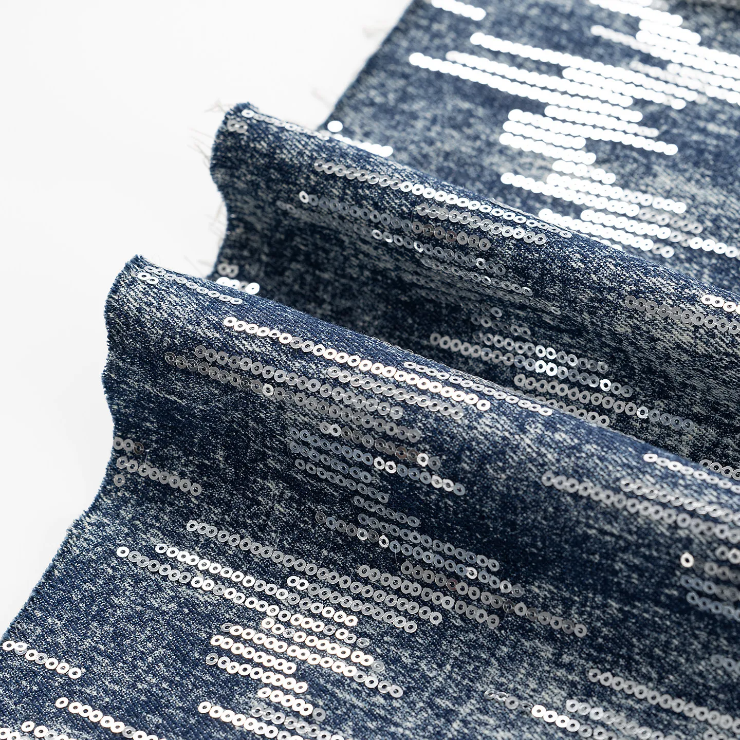 Heavy Faded Sequin Stretch Denim Designer Fabric with Distressed Surface for Wide Leg Pants Making and Apparel