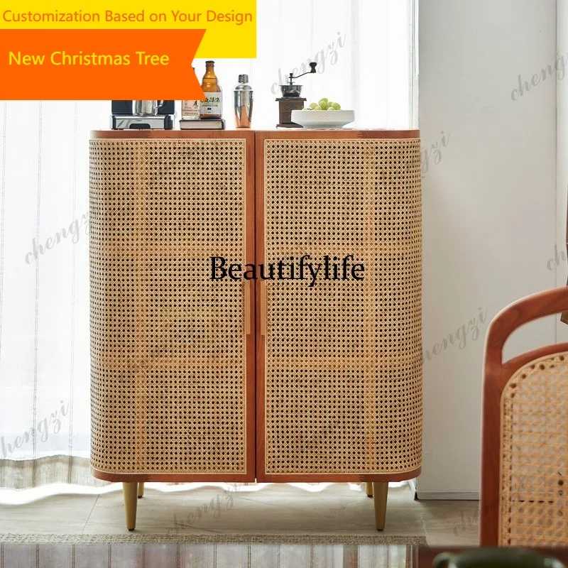45 Nordic style rattan dining side cabinet solid wood storage cabinet small apartment household short locker