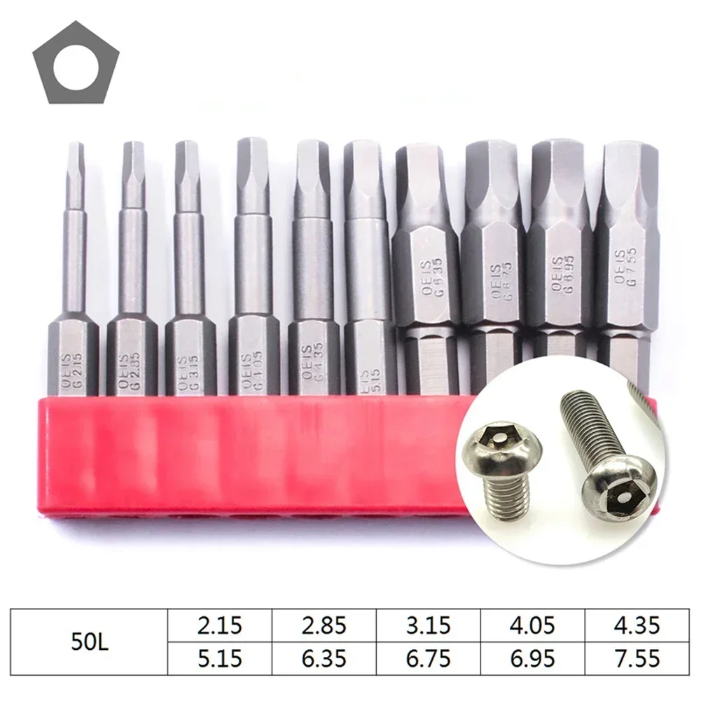 10Pcs 50mm Pentagonal Screwdriver Magnetic Drill Bit 1/4Inch Hex Shank Socket Adapter Hand Tools Screwdriver 2.15-7.35mm