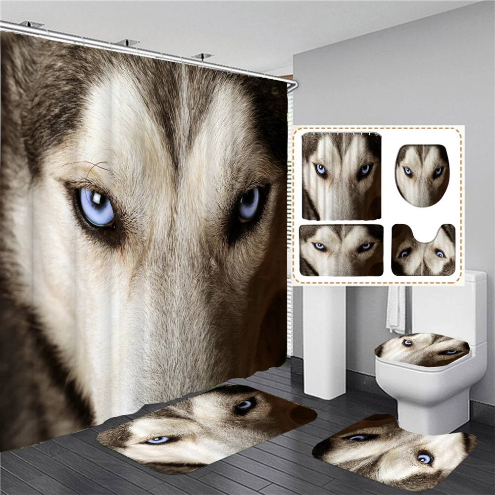 

Wolf Animal Print Bathroom Shower Curtain 3D Bath Mats Rugs Flannel Toilet Lid Cover Non-slip Carpet Durable Bathtub Curtains