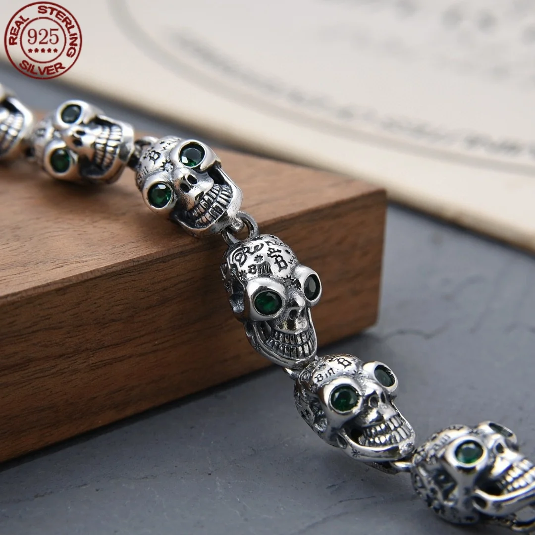 Real S925 Sterling Silver fashion brand graffiti set diamond personality skull bracelet overbearing fashion men's hand jewelry