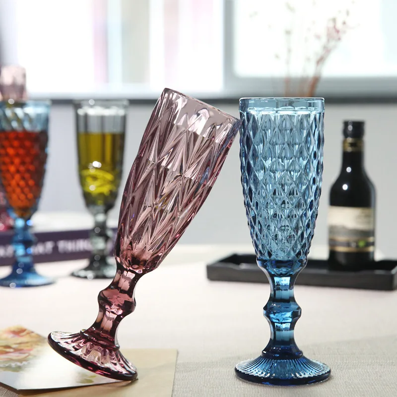 1 Piece 150ml 5oz Vintage Embossed Heavy Thick Clear Pink Green Blue Grey Colored Champagne Flute Glasses Goblet Cup