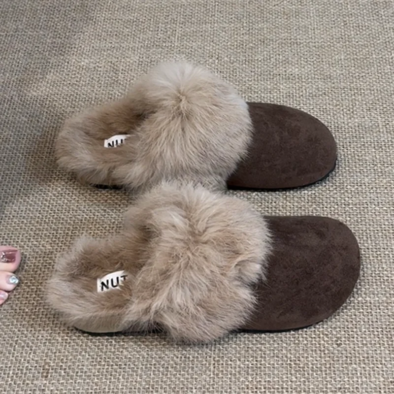 

Fur Slippers Women Suede Mules Shoes Fashion Casual Snow Boots 2025 Cozy Home Flip Flops Winter Slingback Elegant Mujer Zapatos