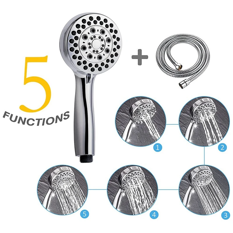 High Pressure Handheld Shower Head, 5-Setting Handheld Shower Head Set With 59-Inch Shower Hose, Adjustable Shower