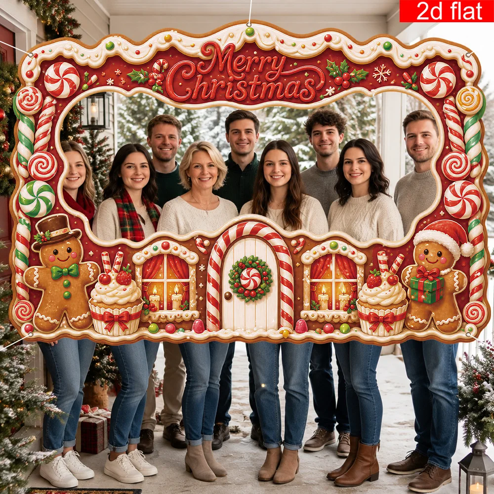 1pc Gingerbread House Christmas Photo Backdrop, 3 styles Hollowed-Out Frame Banner, Christmas Photography Prop, Party Decoration
