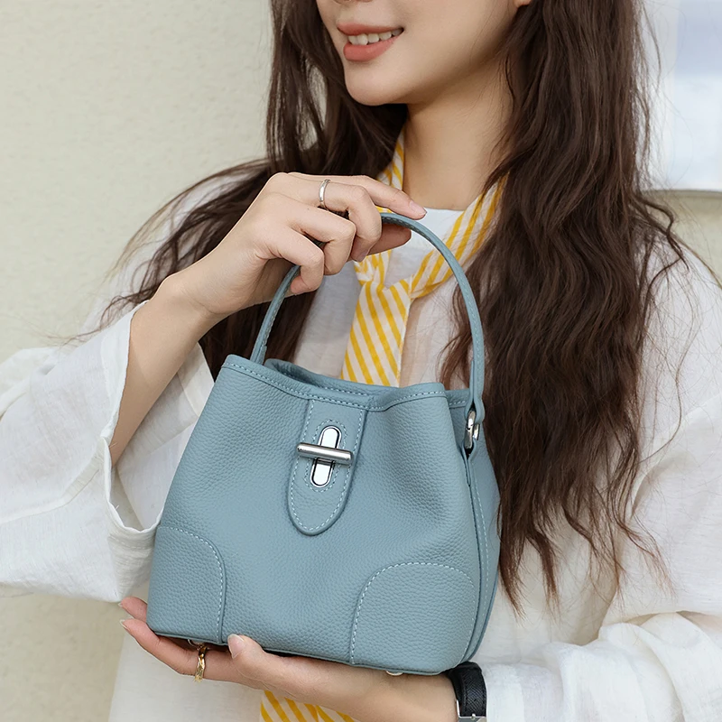 Women Mini Genuine Leather Bucket Bag, Small Real Leather Crossbody & Top Handle Drawstring Shoulder Bag Luxury Designer Handbag