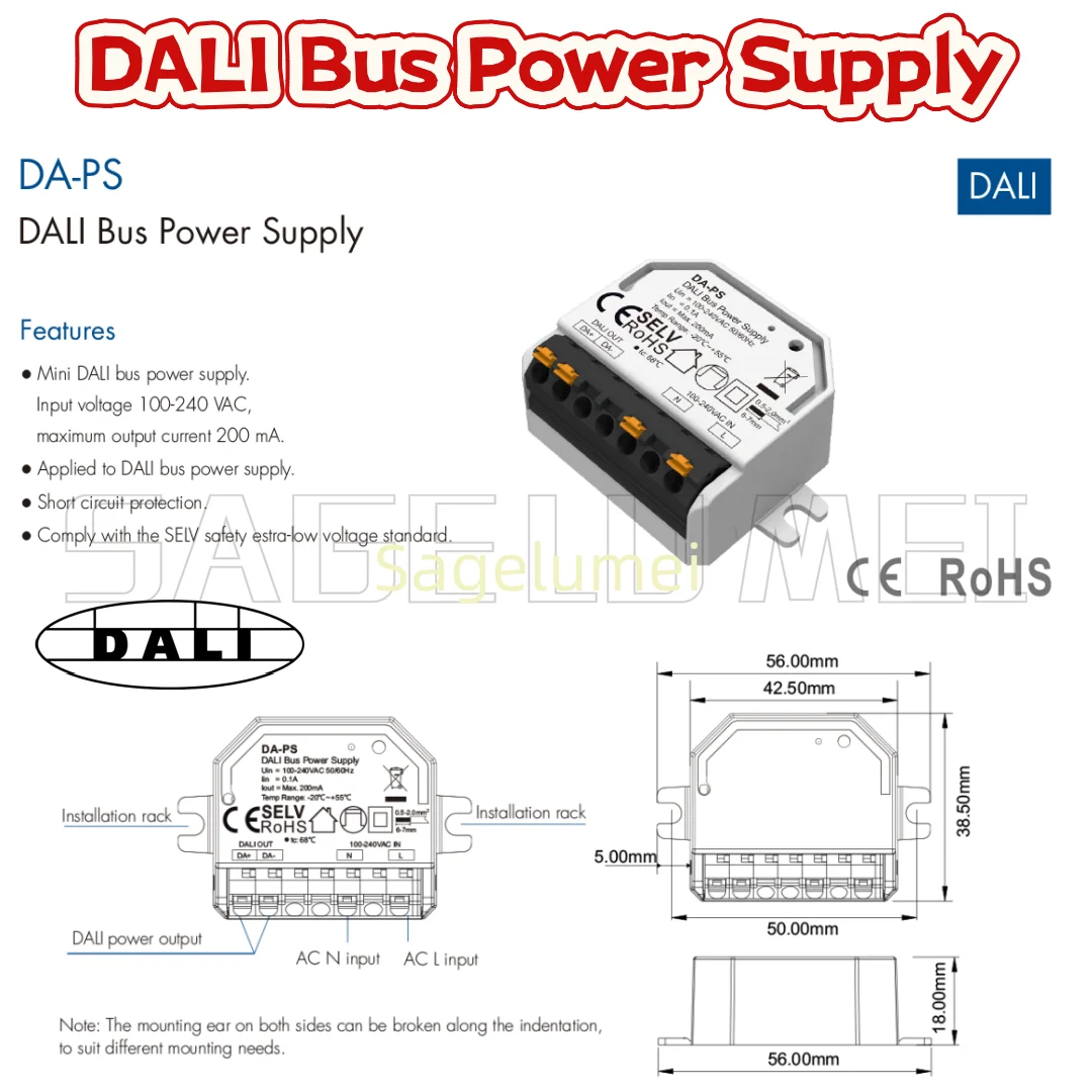 

Новый источник питания шины Skydance DALI DA-PS Mini DALI Блок питания шины AC110V 220V 230V Ток 200mA SELV Стандарт безопасности Применяется