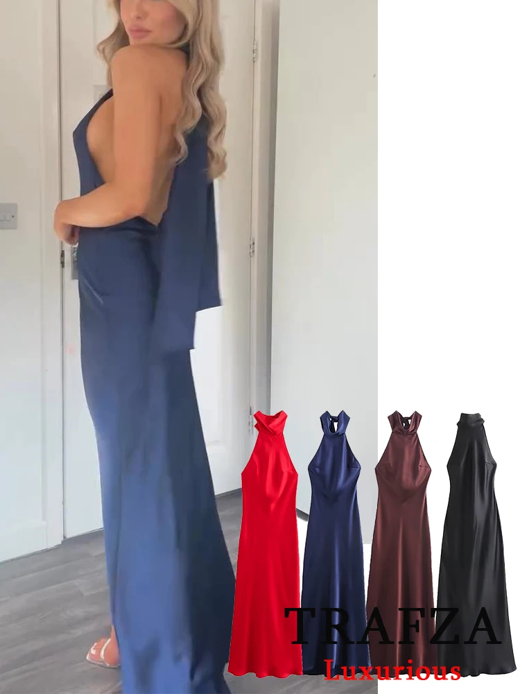 TRAFZA Vintage Casual Chic Solid Women Dress Halter Zipper Beach Long Dress Fashion 2024 Autumn Winter Boho Party Female Dress