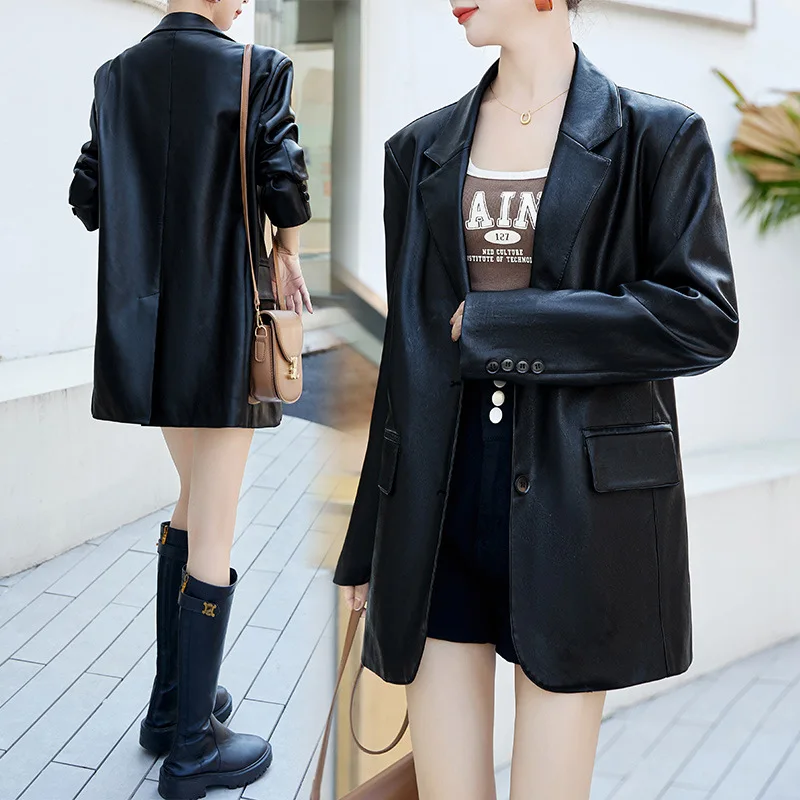 

2024 Black Sheepskin Leather Coat for Women's Spring and Autumn New Loose, Small, Elegant, and High end Explosive Street Suit