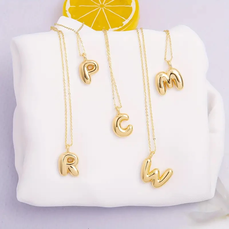 Cute Gold Plated Bubble Balloon Letter Pendant Necklace Chubby Initials Charm Necklaces Jewelry Accessories