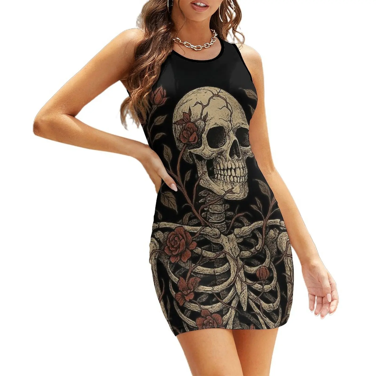 

Skeleton and Roses – Gothic Floral Skull & Bones Artwork Sleeveless Sundress women clothes Clothing female