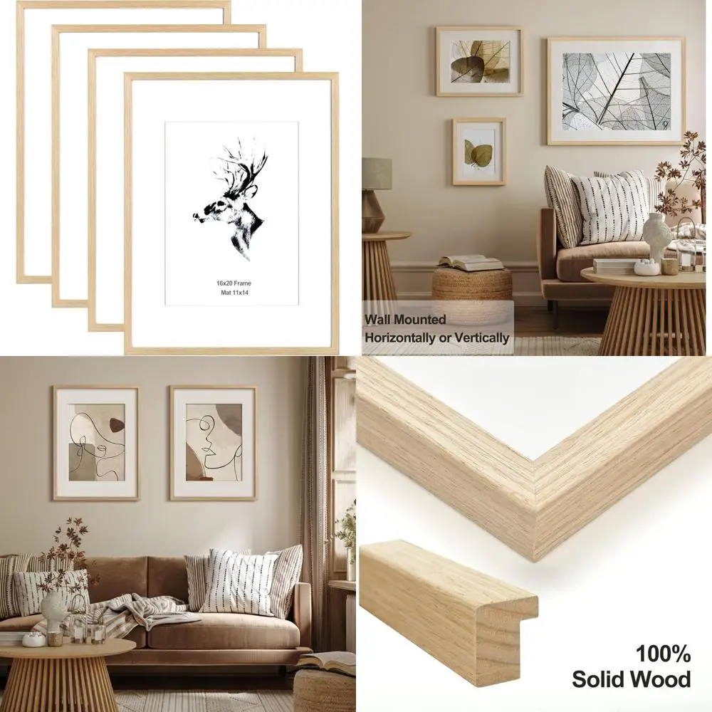 

4-Pack 16x20 Oak Frames with 11x14 Matting for Wall Art, Photos, and Prints