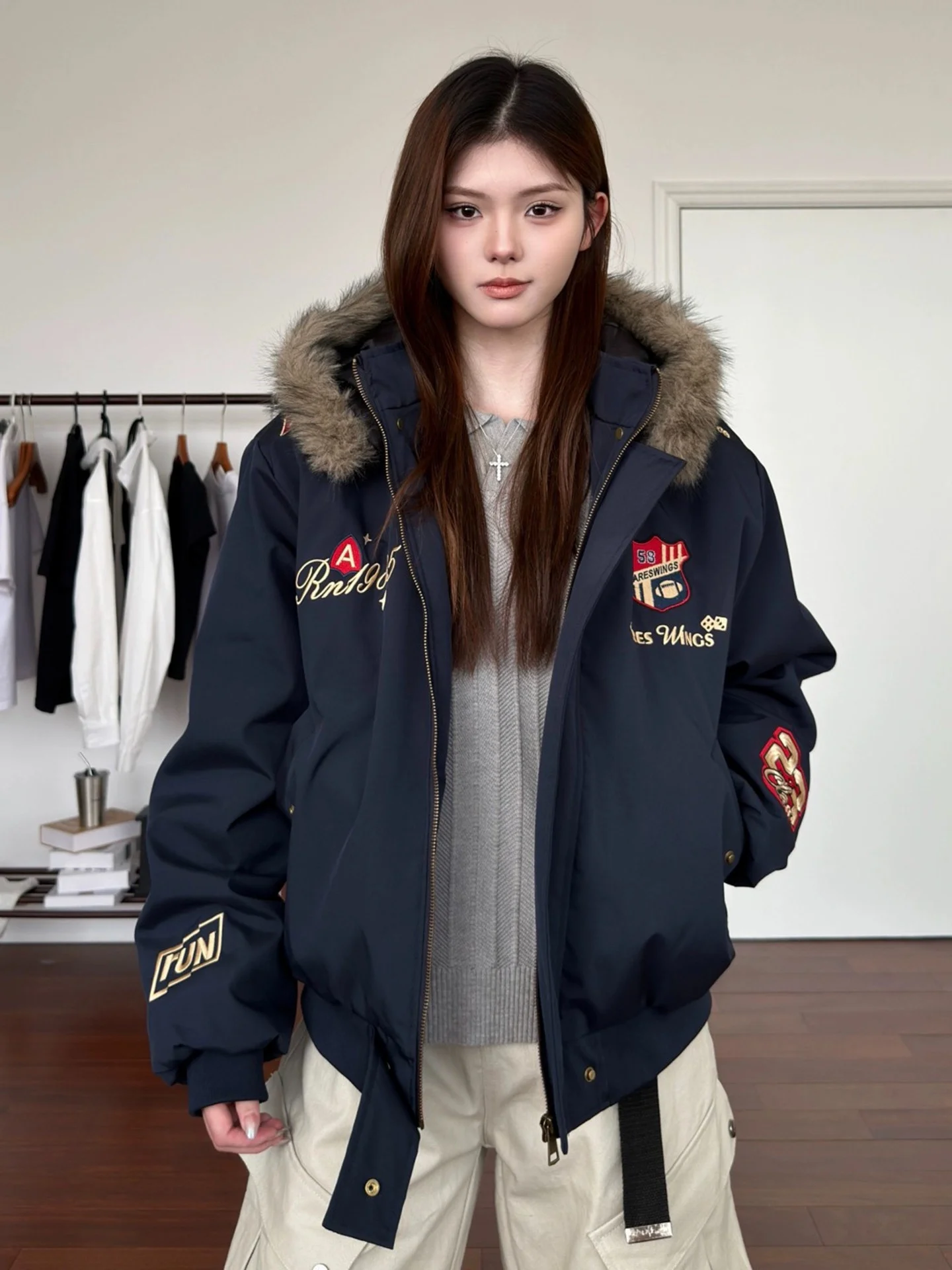 Giacca Invernale da Uomo in Cotone, Calda e Spessa, con Collo in Pelliccia Rimovibile, Ricamata, alla Moda per Giovani