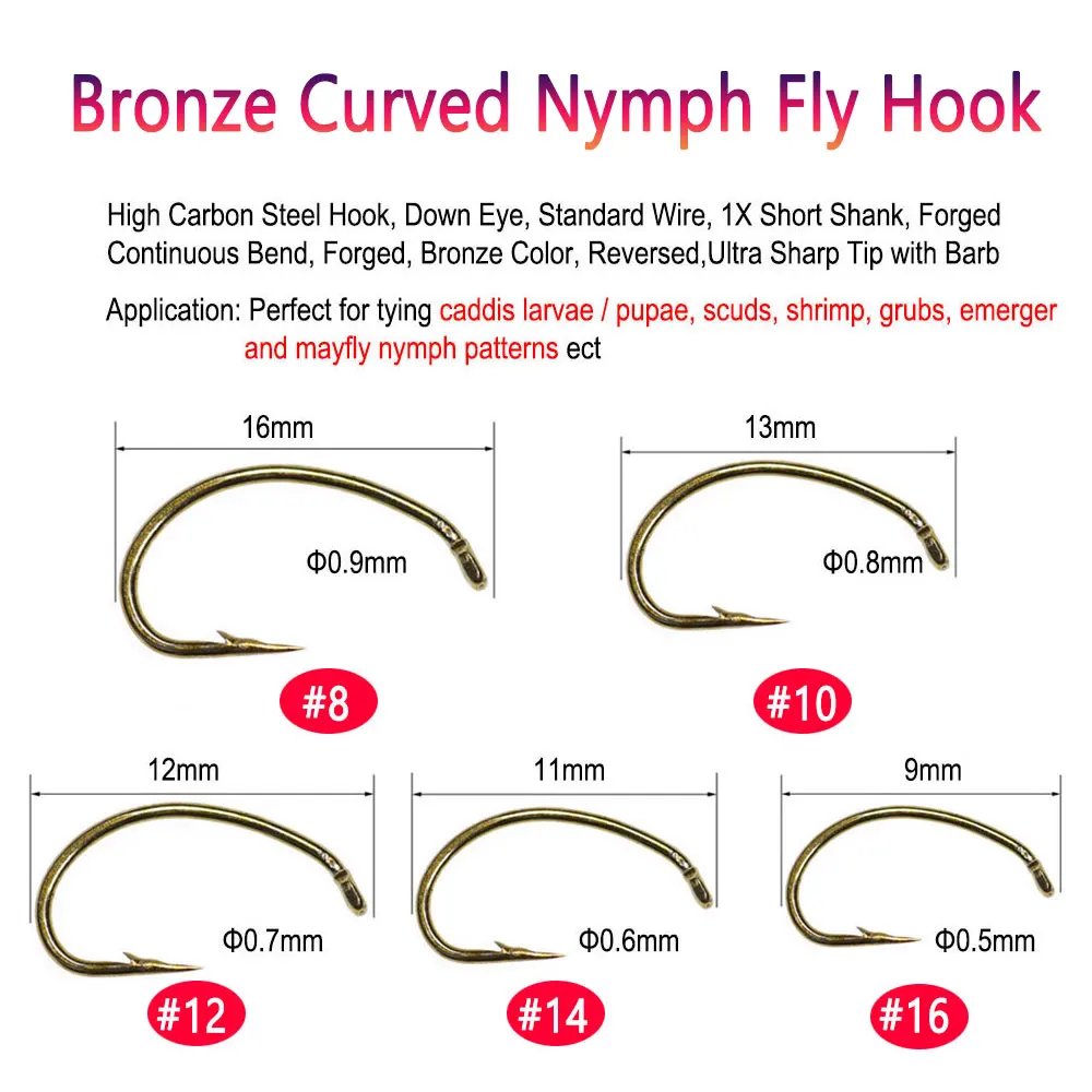 Bimoo 50PCS 100PCS  Bronze Barbed Curved Nymph Fly Tying Hook for Caddis Larvae Pupae Scuds Emerger Mayfly Trout Fishing lures