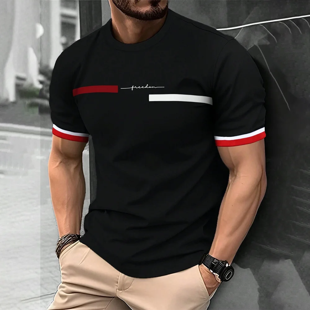 Camiseta con estampado de letras a rayas 3D para hombre, ropa de calle Harajuku de tendencia Hip Hop, camisetas informales de gran tamaño con cuello