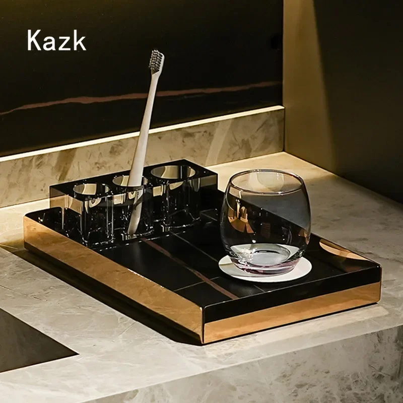 Light Luxury Matte Rock Slab Tray Nordic Bathroom Gold Base Storage Tray Toothbrush Cup Cosmetic Organizer Trays Decorative