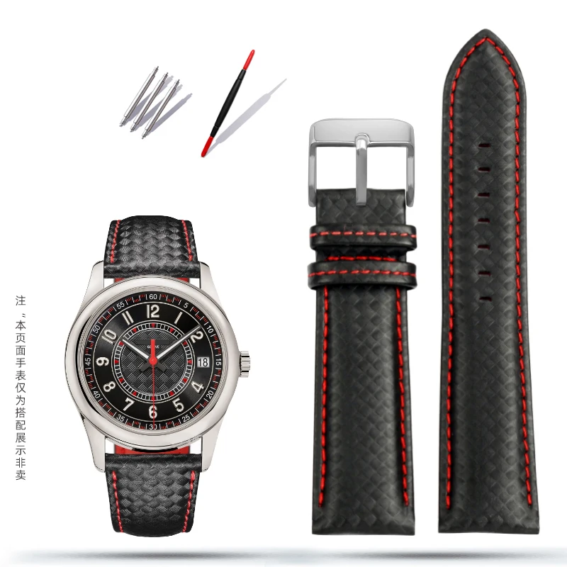 18 20 21 22 23 24mm Carbon fiber cowhide leather black red line watch strap For Patek Philippe classical CALATRAVA series 6007G