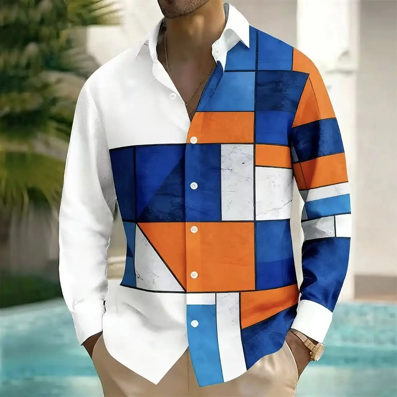 New Men's Long Sleeved Shirt, 3D Printed, High-Quality Geometric Splicing Printed Shirt, 2026 New Art Shirt, Casual and Elegant