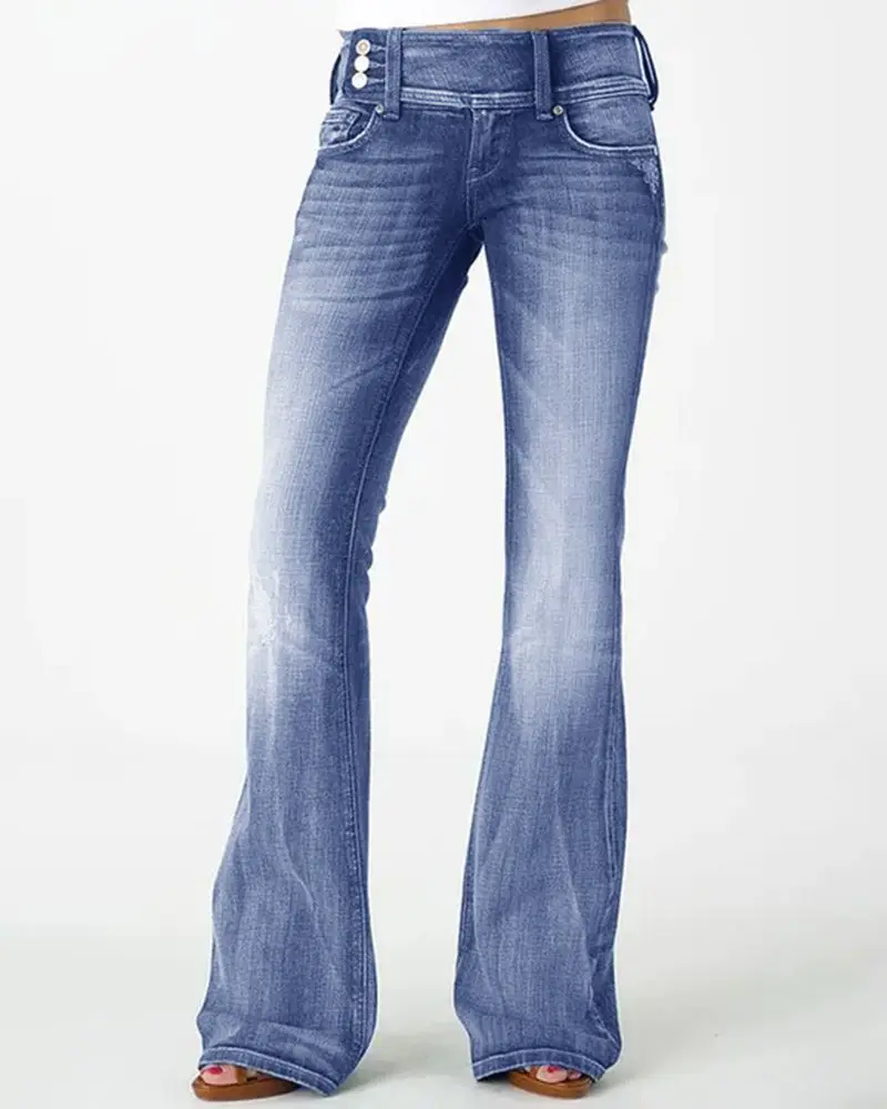 Midiross Women's Vintage Button Side Design Mid-Waist Stretch Flare Jeans Classic Retro High-Low Tapered Leggings