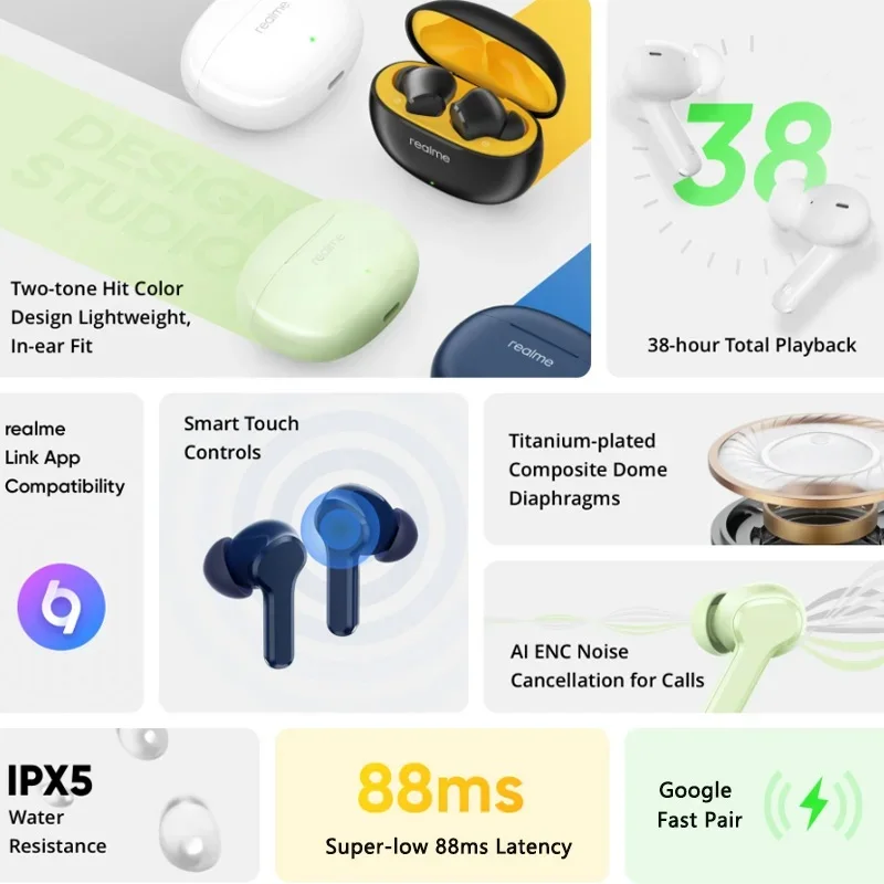 realme Buds T110 TWS Wireless Earphone AI ENC Bluetooth 5.4 38 Hours Battery Life IPX5 Waterproof Headphone