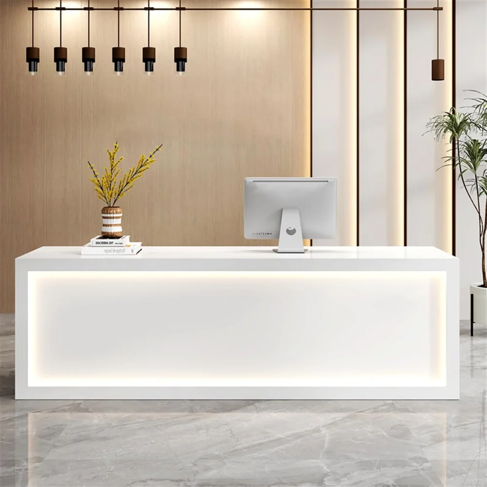 

Modern Reception Desk with Lockable Drawer, Filing Cabinet, Keyboard Tray and LED Light - 63"/70.9"