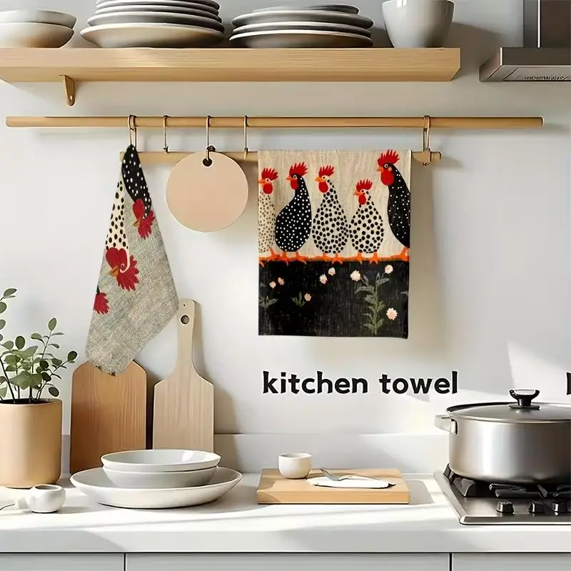 2Pcs retro farmhouse chicken pattern cute kitchen towel dish towel hand towel