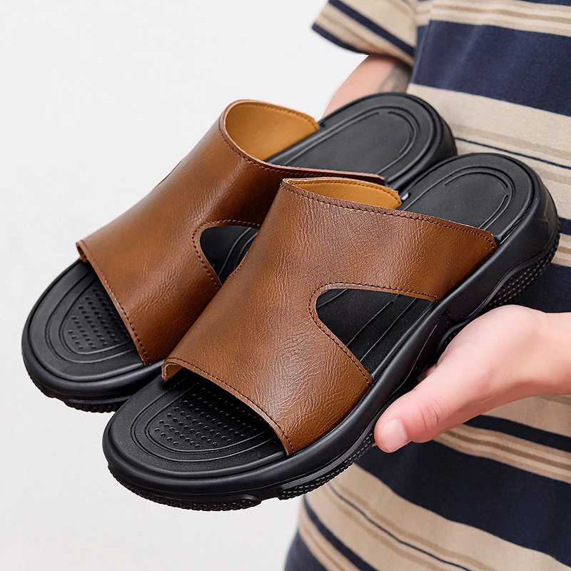 

Men PU Leather Slide Sandals Thick Sole Non slip Casual Summer Slippers Open Toe Comfortable Outdoor Beach Shoes For Men Big