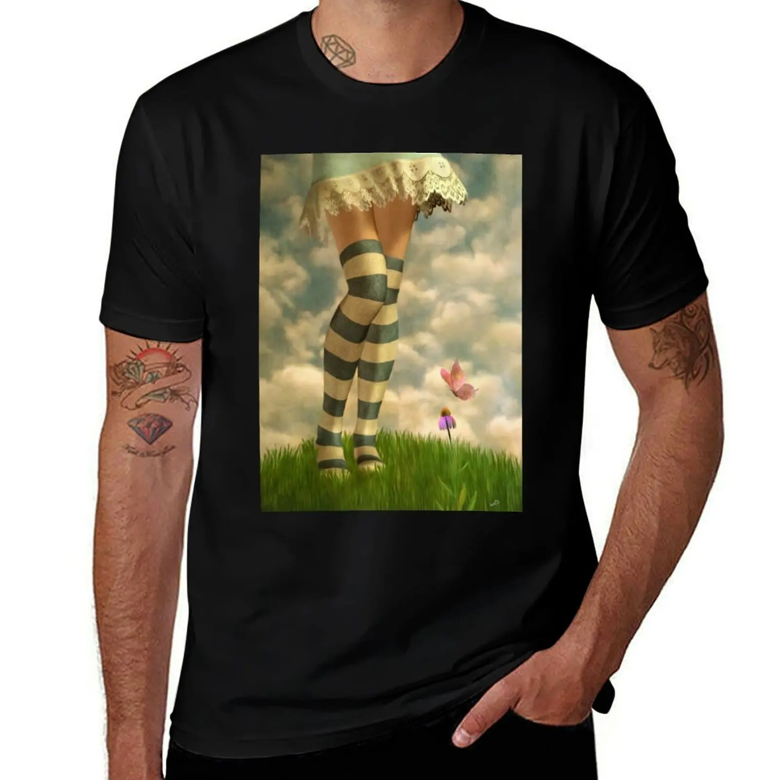 Cute Girl with Striped Socks T-Shirt Fashion Letter Print T-Shirt
