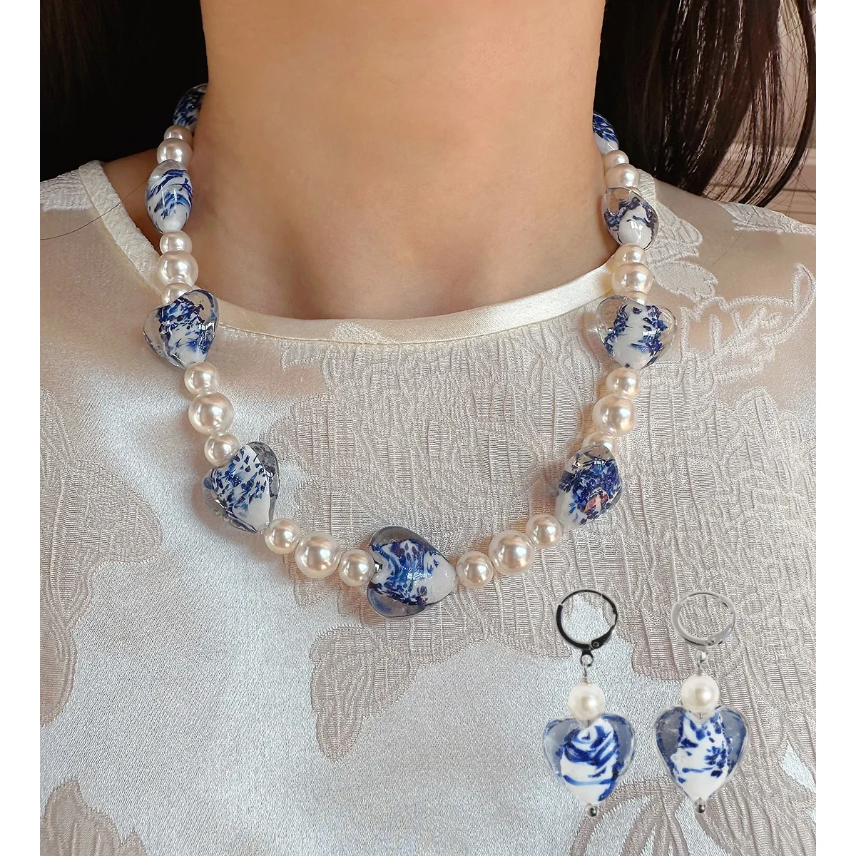 Luxury Glazed Heart Pearl Necklace Earrings Set Women Blue Ceramics Love Charm Jewelry Set National Style Valentines Day Gift