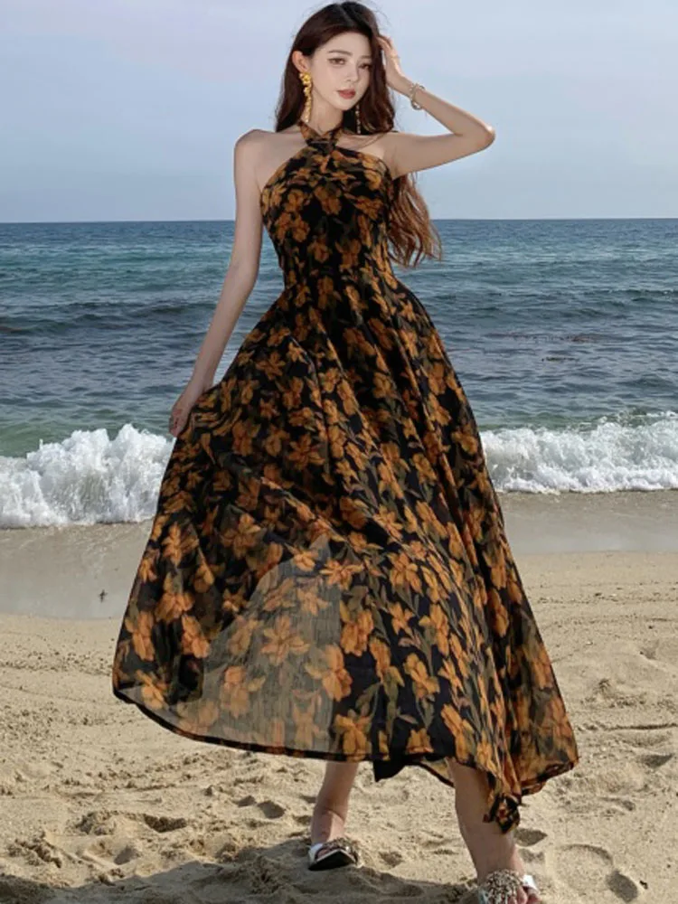 Elegant Boho Dress For Women Sexy Halter Off Shoulder Female Fashion Floral Print Chiffon Slim Beach Party Dress Robe 2025