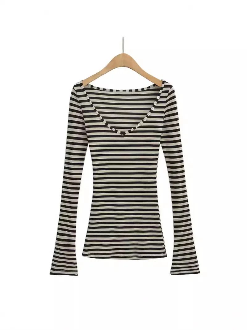 Split Flared Sleeves Stripes Blouse V-neck Long Sleeved T-shirt Top Women's Autumn Waist Slim Fit Bottom Shirt