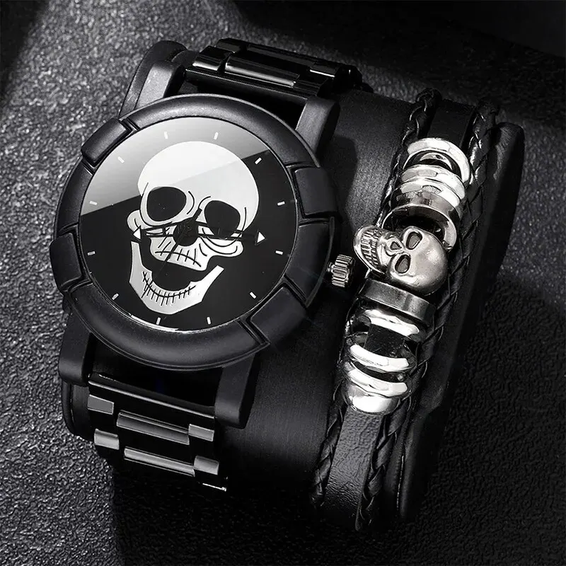 Fashion Mens Luxury Skull Watch Classic Dial Design Stainless Steel Band Business Quartz Wristwatch Casual Sports Men Watch Relo