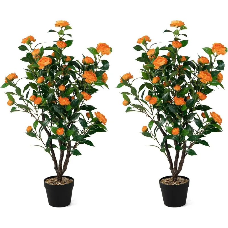 40” Artificial Camellia Tree, 2 Pack Flower Plants Artificial Tree, Faux Floral Plant Blooming Tree in Cement Pot