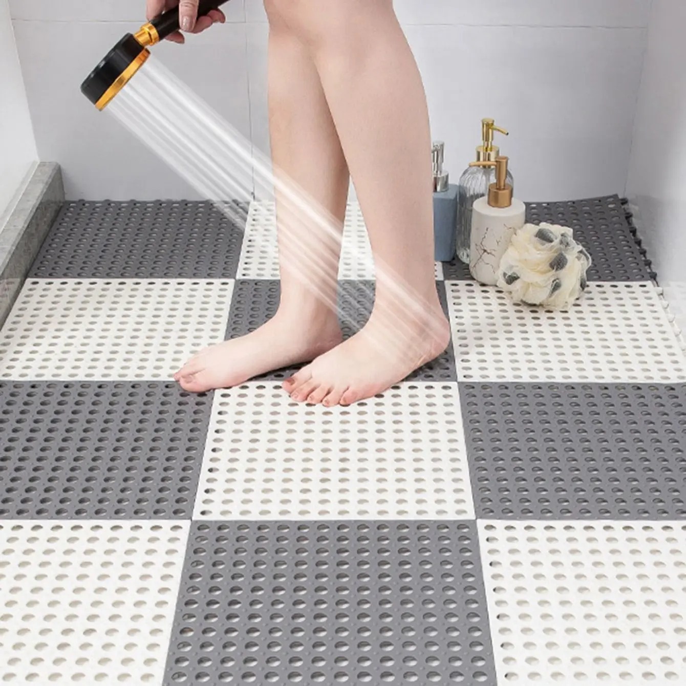 

Bathroom Non Slip Mat Splicing Foot Mat Waterproof Soft Flooring Tile Mat With Drain Hole For Bathroom Floor Mat