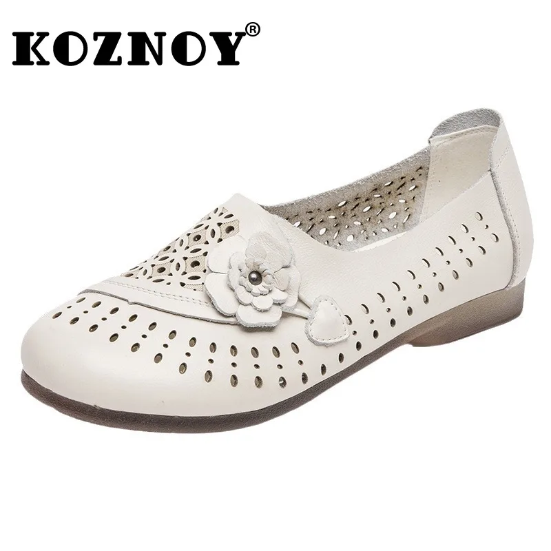 

Koznoy 2cm Hollow Novelty Slip on Summer Round Toe Women Genuine Leather Moccasins Women Soft Soled Flats Loafers Comfy Shoes