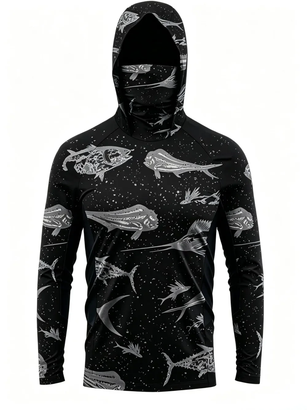 Mens Fishing Hooded Shirt UPF50 Sun Protection Face Cover Long Sleeve Quick Dry Tuna Marlin Print Outdoor Angling Breathable
