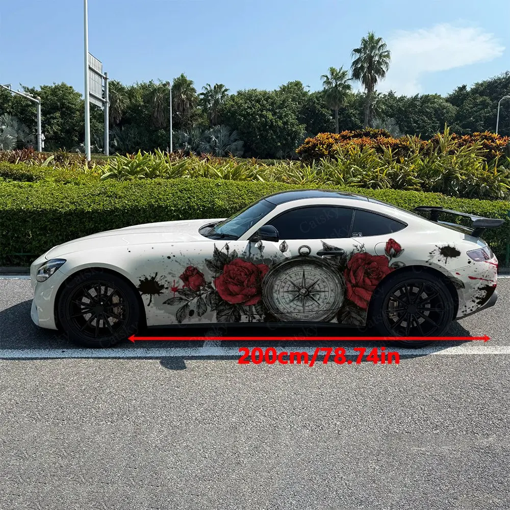 2pcs Red Rose and Compass Car Side Wraps, Self-Adhesive PVC Waterproof & Scratch-Resistant Stickers, Car Accessory Gift