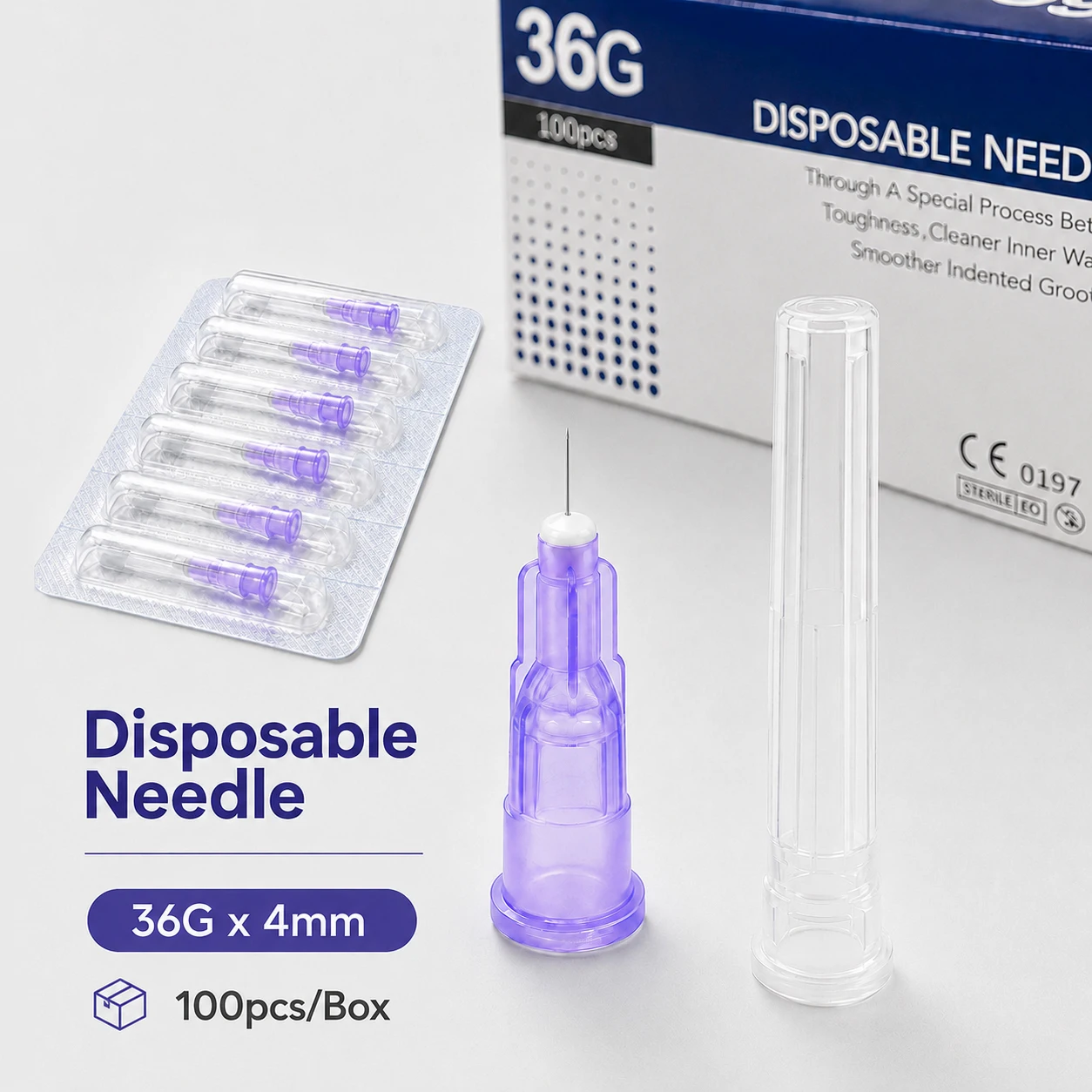 100Pcs/Box, 36G 4mm Disposable Sterile Needle Ultra Fine Painless Beauty Injection Needles Single Use for Beauty Injection