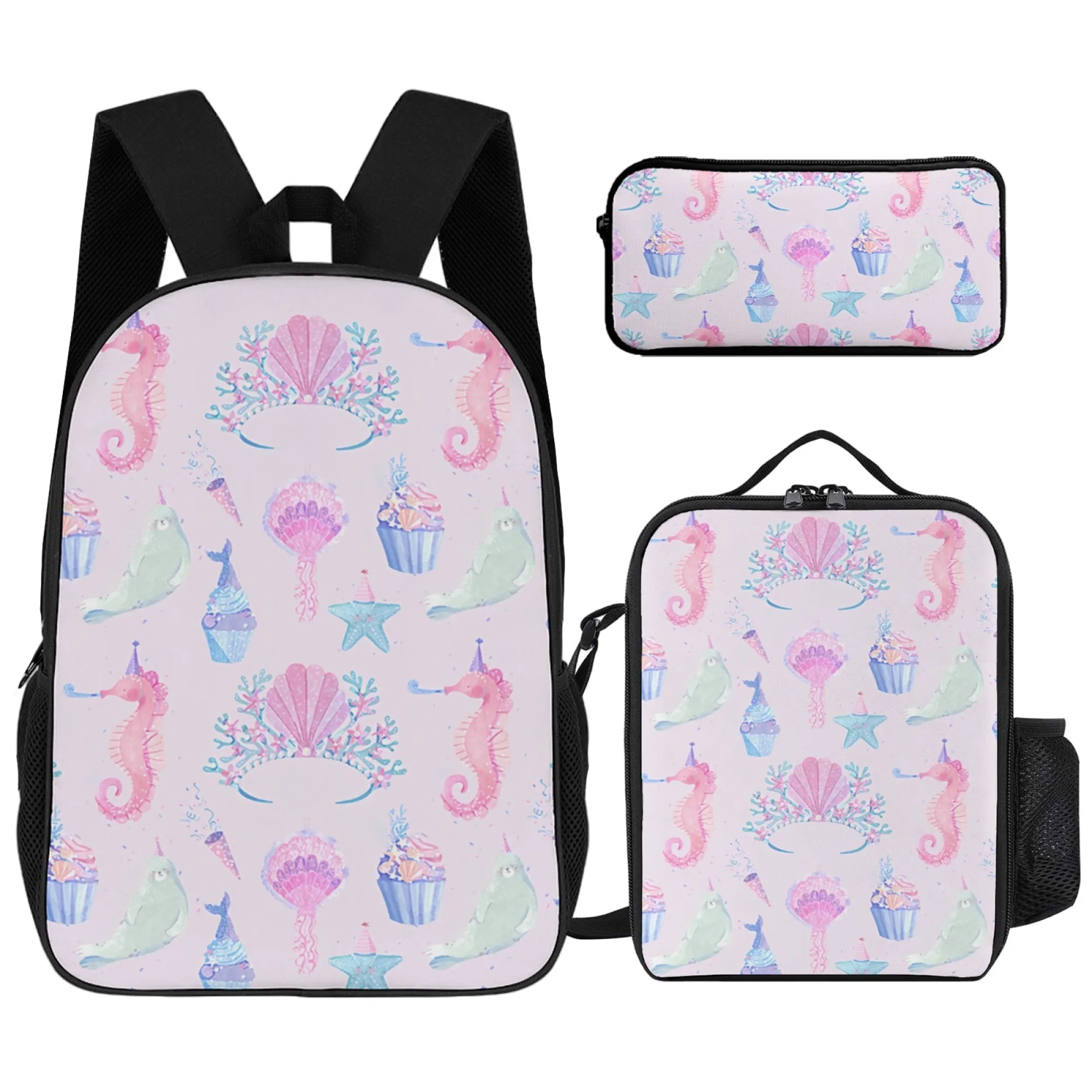 

16in cartoon printed backpack&lunch box&pencil case three piece set, lightweight material easy to wipe, suitable for school use