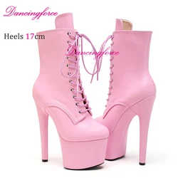 Baby Pink Matte 17CM 7Inches Pole Dance Shoes Stripper Heels Platform Women Ankle Boots Fashion Lace-up Lady Knight Boots