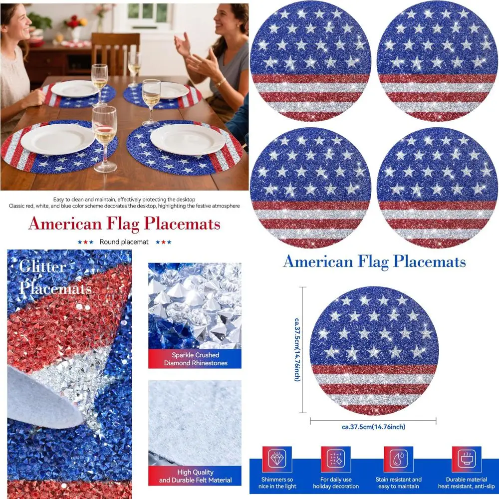 

Set of 4 Patriotic Glitter Rhinestone Placemats - Red, Silver, Blue, 15 Diameter