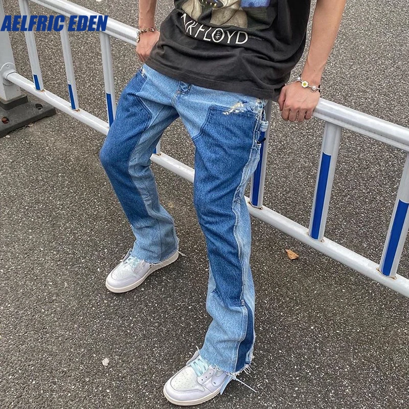 Aelfric Eden High Street Color Block Spliced Washed Jeans Men Oversize Wide Leg Straight Denim Flare Pants Retro Casual Trousers