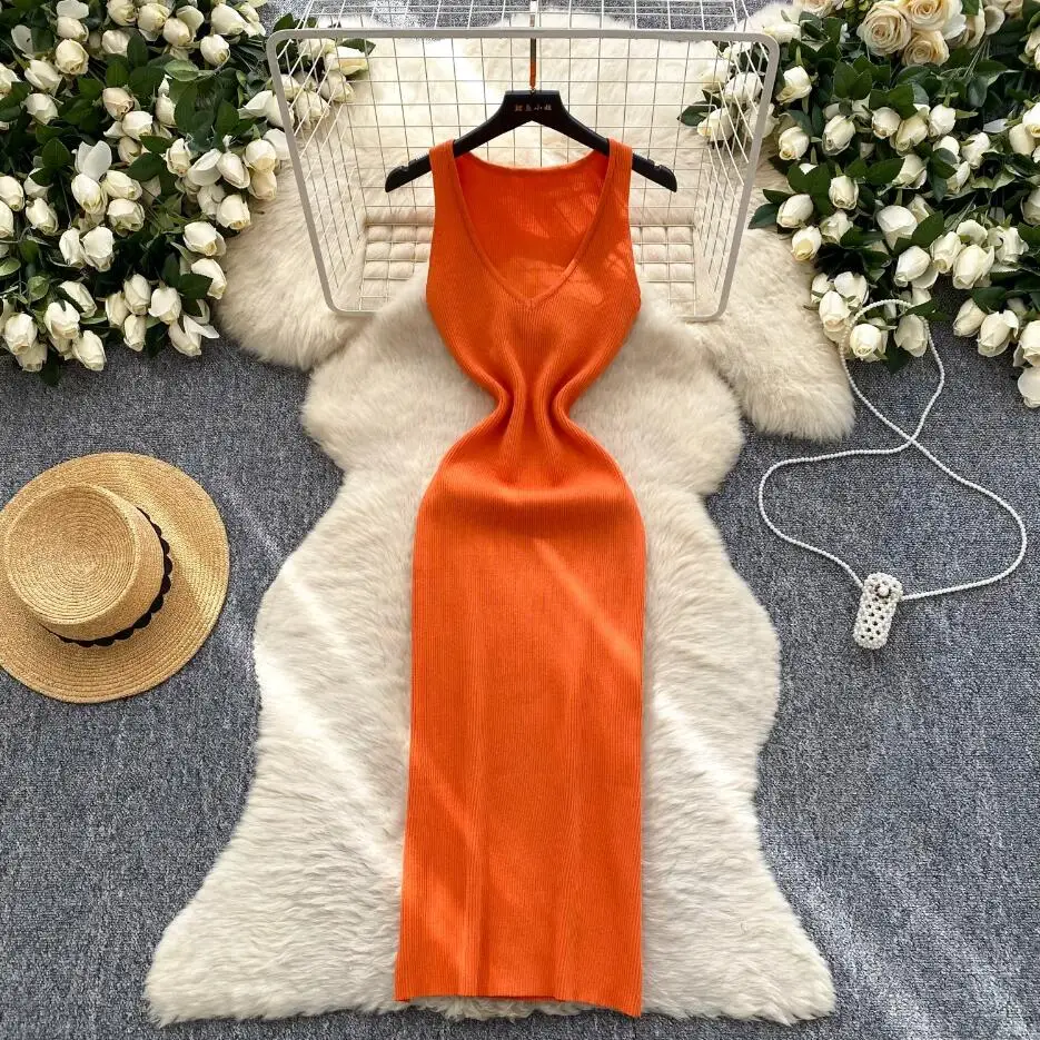 レディース サマー 無地 スリム シック Vネック ニット ボディコン ロング タンク ドレス カジュアル パーティー シース ドレス エレガント ストリートウェア ドレス