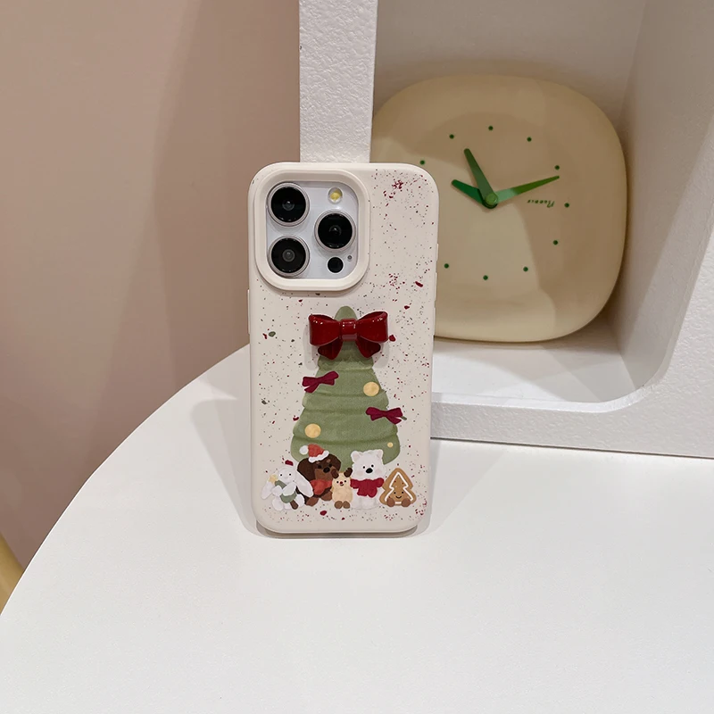 Ins Red Bowknot Christmas Tree Cute Animal Case For iPhone 12 13 14 15 16 Pro Max Plus Soft Silicone Phone Cover