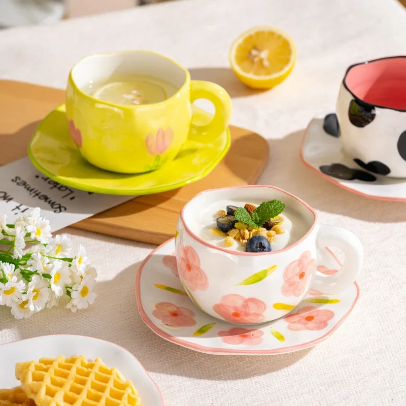 

300ML Korean Style Hand Pinched Irregular Ceramic mug Hand-painted Flower Heart Coffee Cup Breakfast Milk Afternoon tea cup Gift